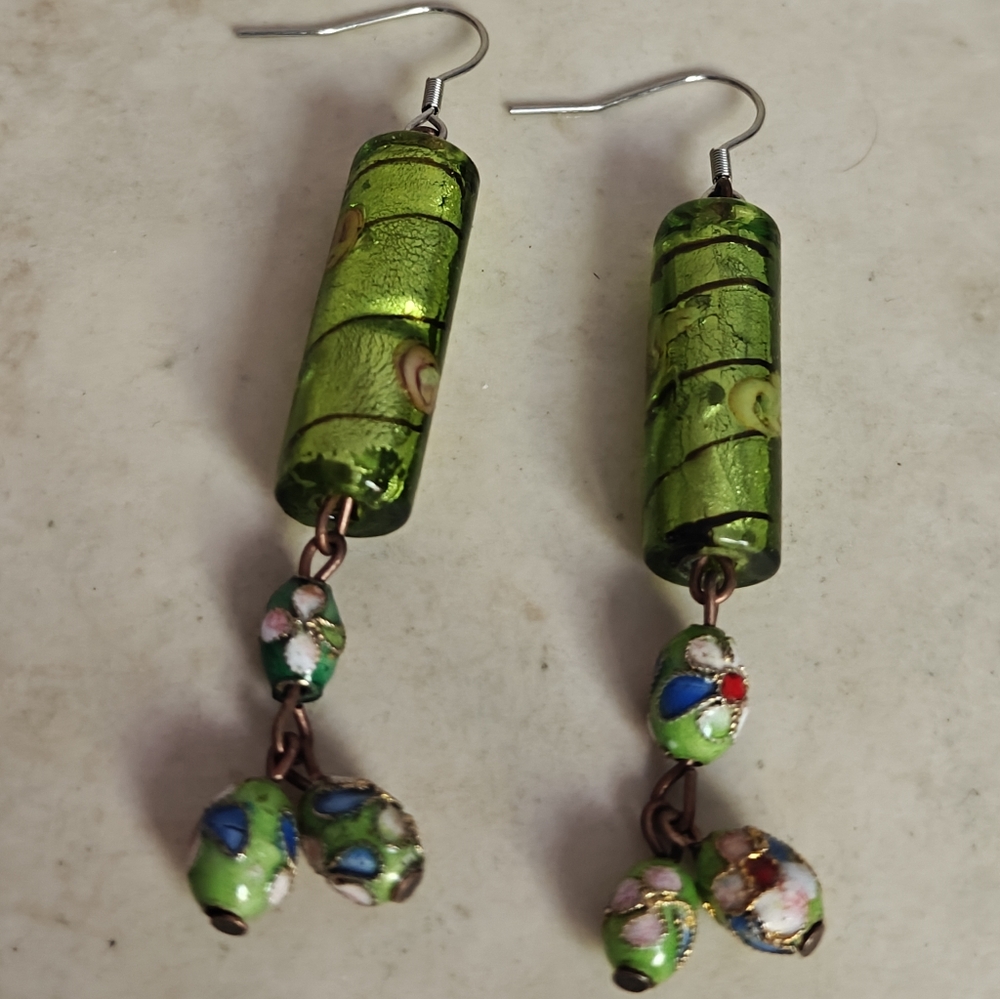 Vintage Dicroic Art Glass And Chinese Cloisonne Enamel Beads Earrings
